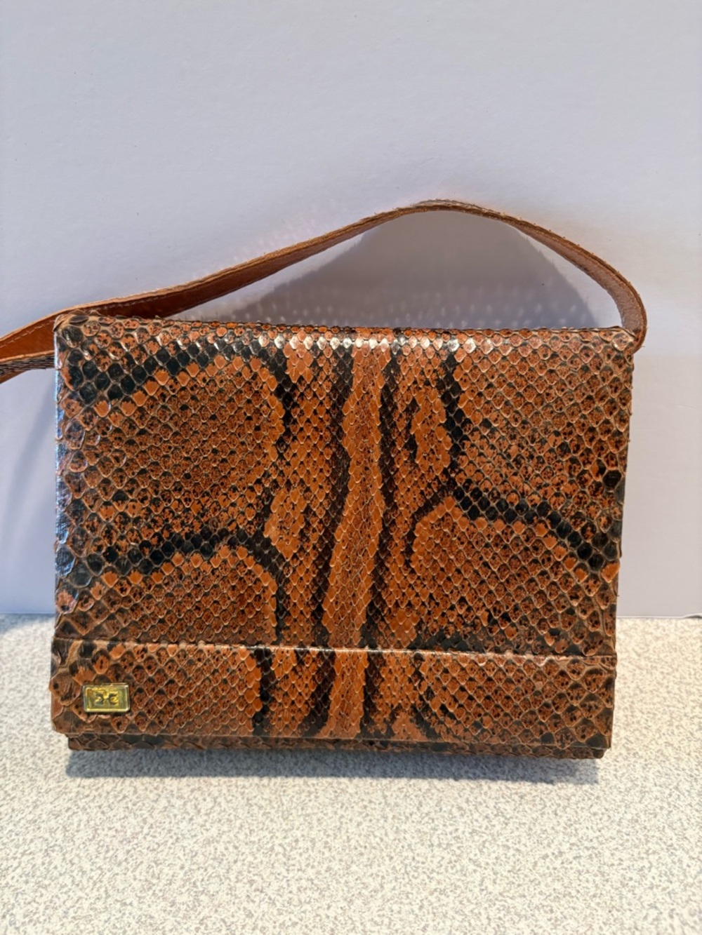 Handcrafted Brown Python Snake Leather Shoulder Bag 7x6”.